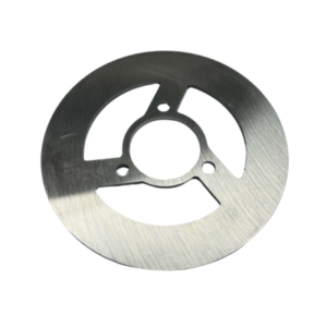 A round, flat metal disc with a central hole and three smaller holes arranged in a triangular pattern, known as the Rotor - Enginetic 1/8" x 6".