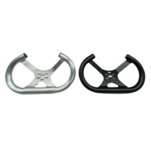 Two SURREAL™ 14.5" Steering Wheels, one in silver and one in black, positioned side by side on a white background.