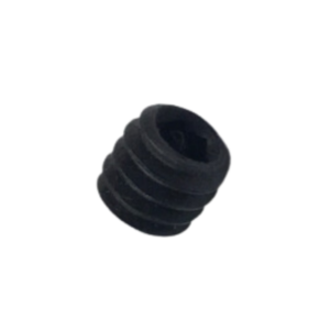 Close-up of a 1/4" black threaded Set Screw with a hexagonal hole.