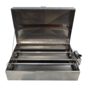 An open KKP Hot Box - Double Tire stainless steel commercial rotisserie oven featuring two rotating metal rods inside and a control panel on the right side.