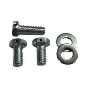 Three hex bolts and two washers from the Drilled Bolt Mounting Kit are displayed against a white background.