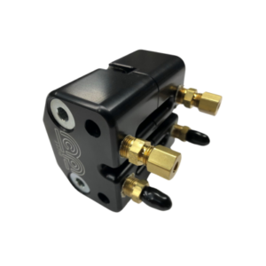 The MCP Caliper - Mini Lite is a compact black mechanical device featuring brass fittings and multiple ports, ideal for use in hydraulic or pneumatic systems.