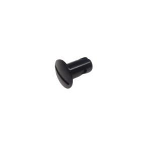 A Dzus Button - 5/16" Black Aluminum with a flat, round head and a split body.