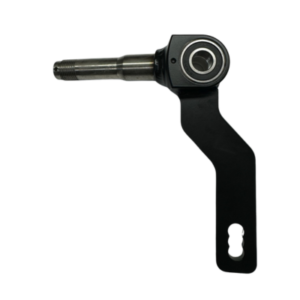 The ELEVATE Left Side Spindle Options features a metal mechanical component with a rotating joint and an elongated stem, mounted on a black bracket that has both a circular hole and a keyhole-shaped opening at the base.