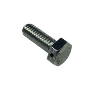 A close-up view of a metal bolt with a hex head and threaded shaft known as the Hex Head Bolts - Head Drilled.