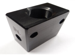 A black, rectangular metal block with a central threaded hole and two smaller holes on each side.